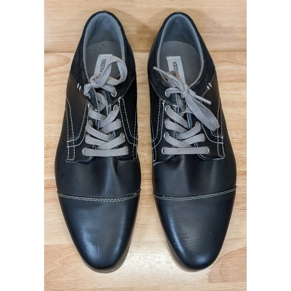 Steve Madden Mens‎ Black Cap Toe Oxford Dress Shoes Contrast Stitching Size 10